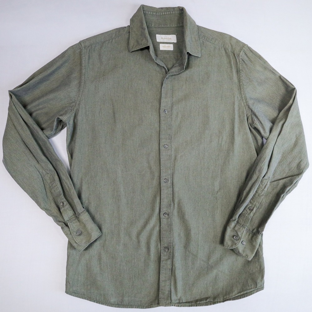Massimo Dutti Button Down Shirt Mens Medium Olive Green Herringbone Cotton Long - Picture 13 of 13